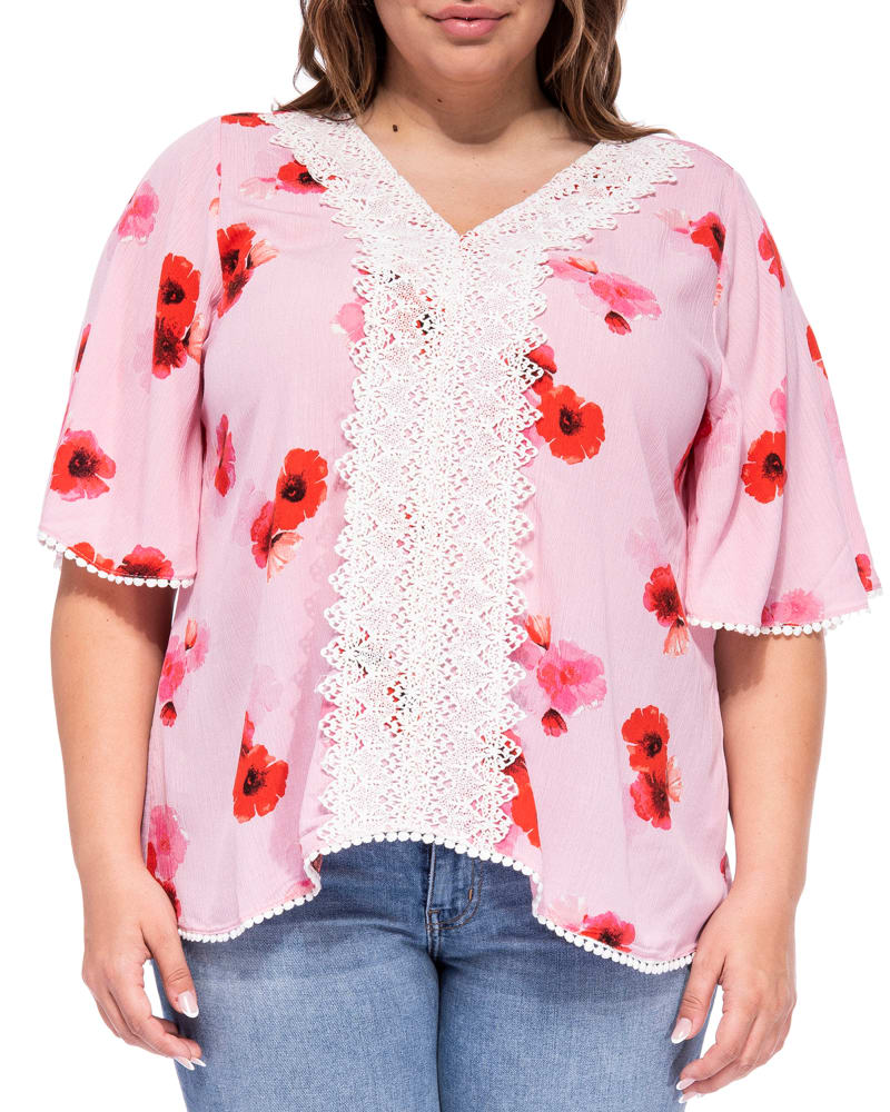 Plus size model wearing Susie Lace Trim Top by B COLLECTION BY BOBEAU CURVY | Dia&Co | dia_product_style_image_id:190892